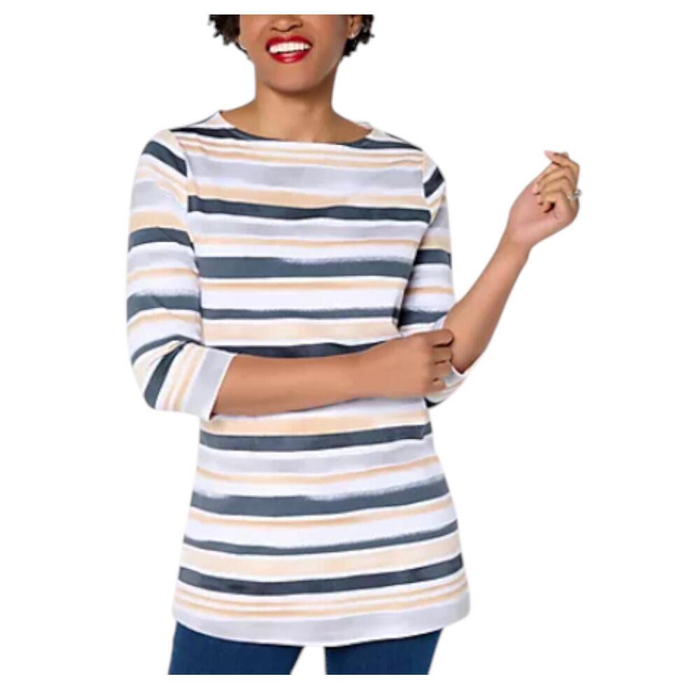 Denim & Co. Women's Perfect Jersey Watercolor Stripe Tunic Black Multi - Regular